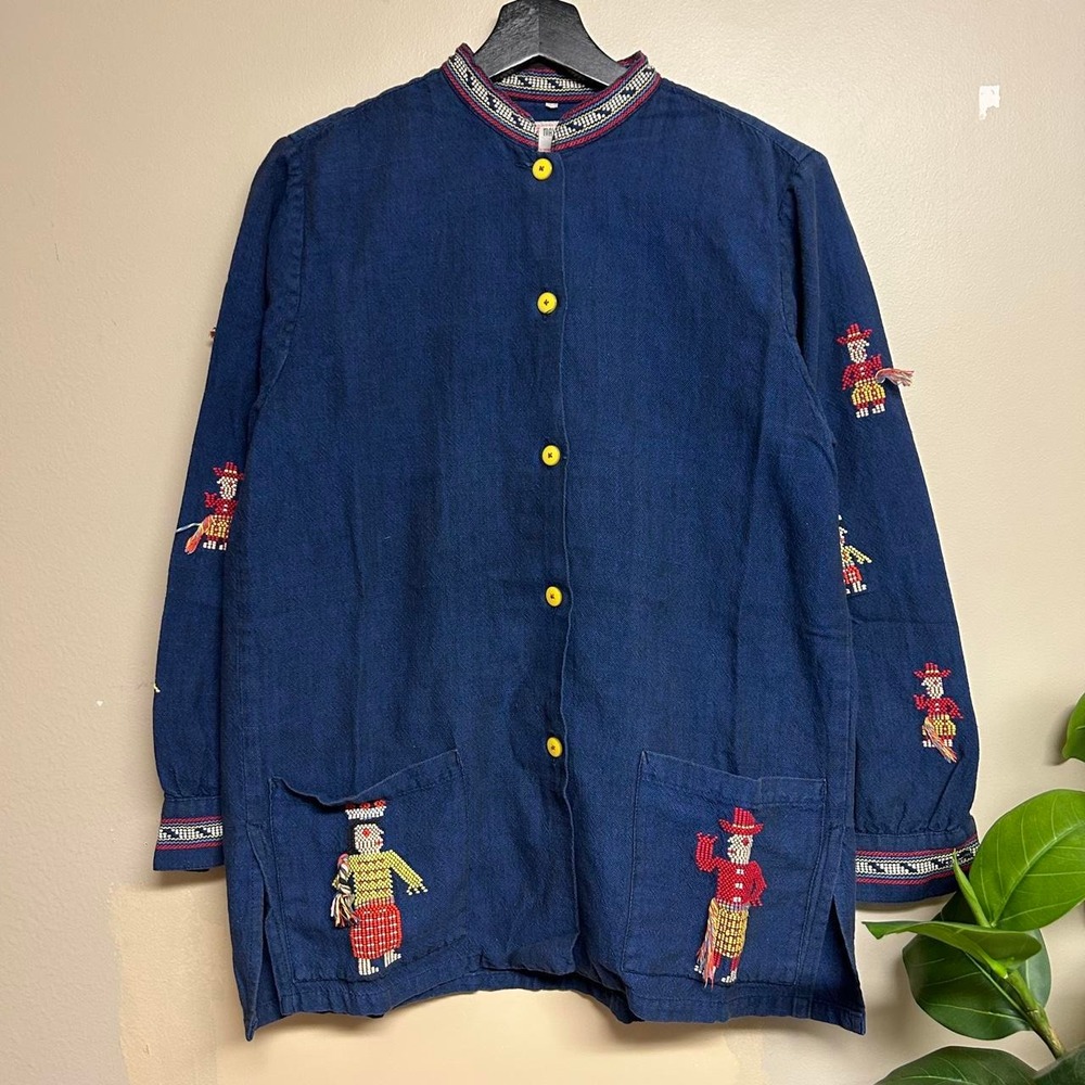 Vintage 80s Mayan Modern Hand Woven People Navy Chore Long Sleeve Shirt Mens M